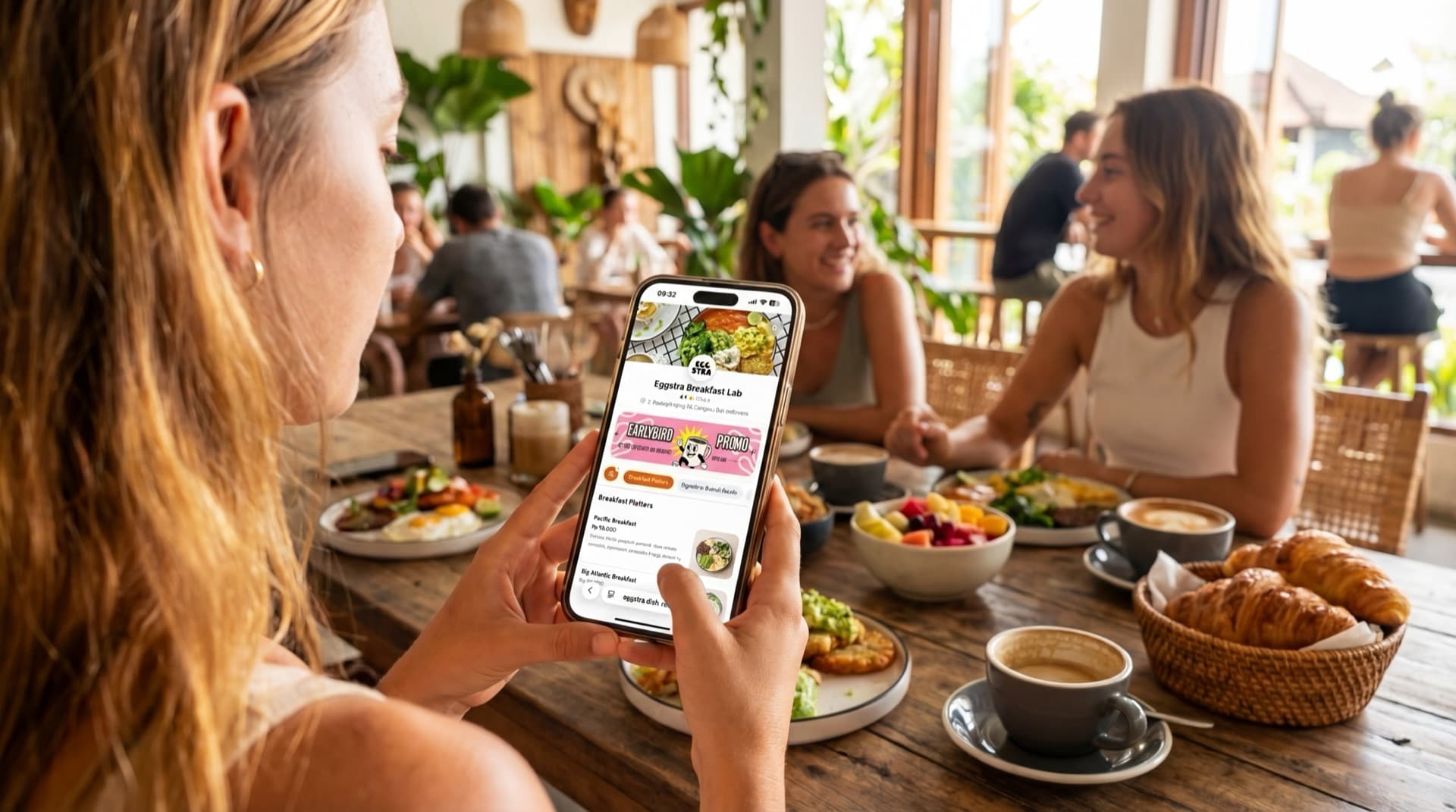 Woman browsing Dishi menu at a cafe with friends