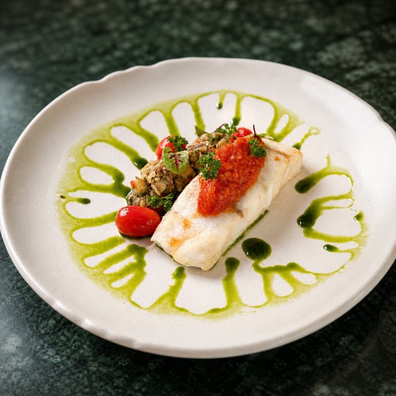 Barramundi steak with babaganoush — Tender baked barramundi steak served with smoky eggplant babaganoush and homemade tomato sauce. Fini