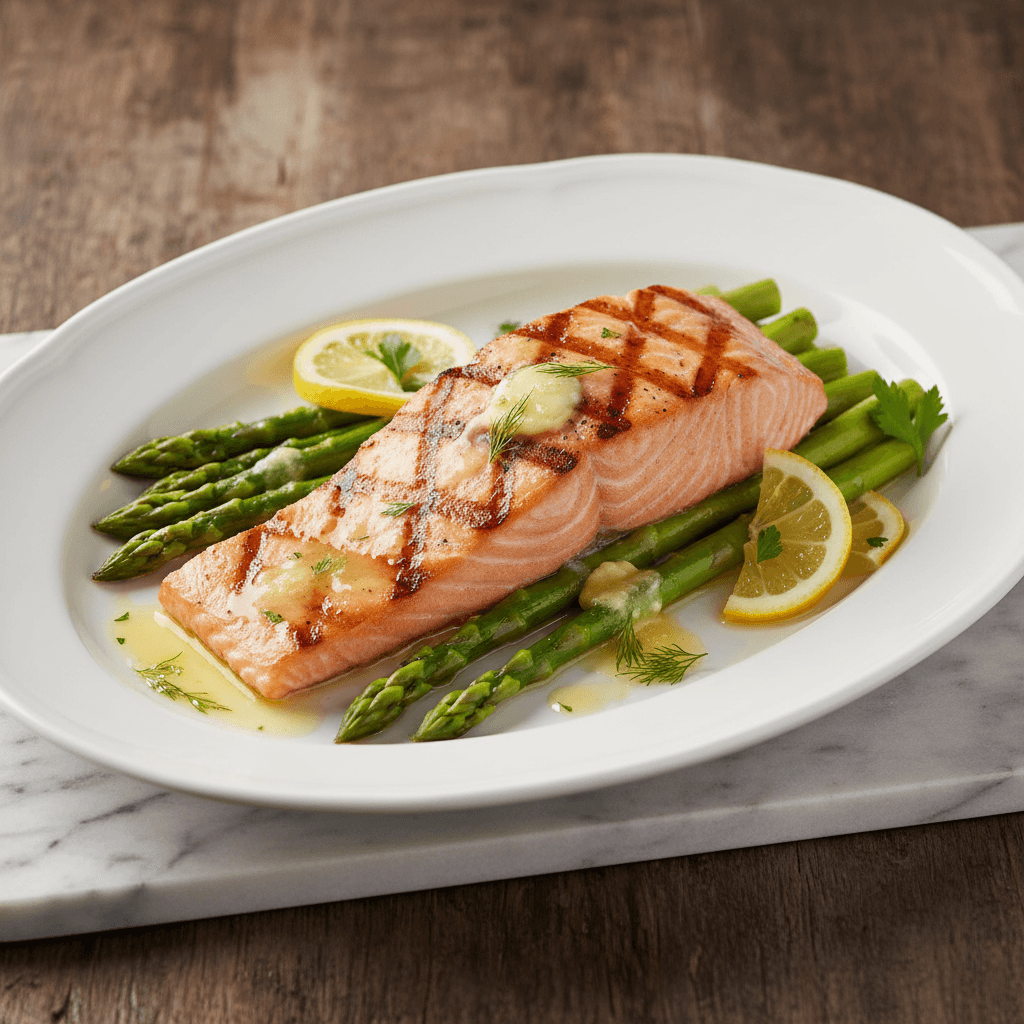 Grilled Salmon — Atlantic salmon, lemon butter, asparagus