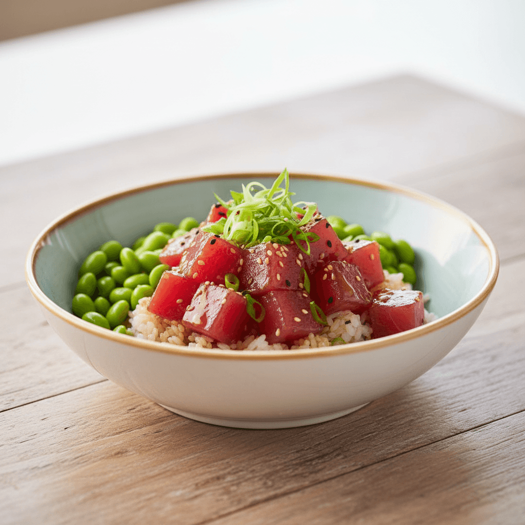 Tuna Poke Bowl — Sushi rice, tuna, edamame, ponzu