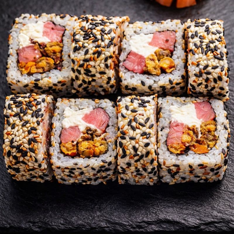 Kawaii Iga Uramaki — A roll with tuna, mussels, cream cheese and mix sesame for a balanced flavor