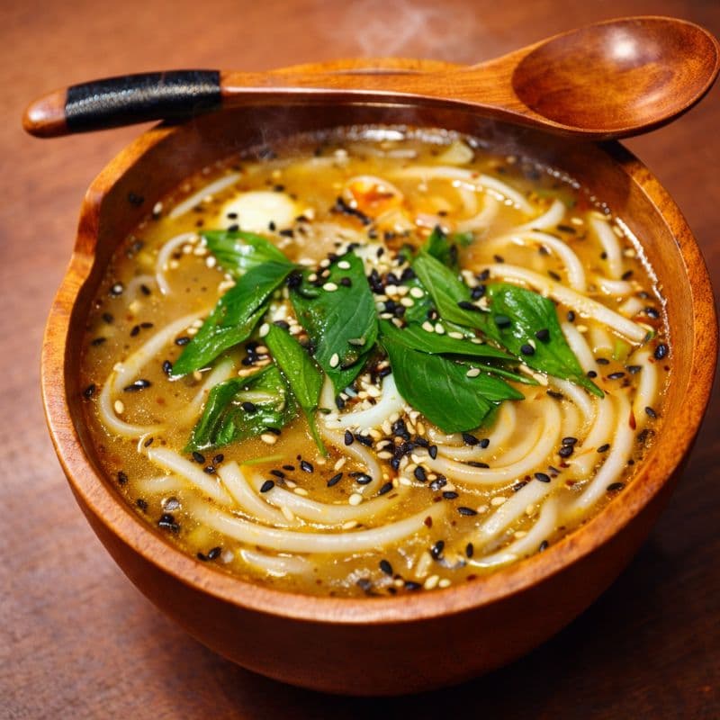 MisoSiro Udon/Soba — A comforting soup udon/soba noodles, shrimps, boiled quail eggs, and savory miso paste for a rich he