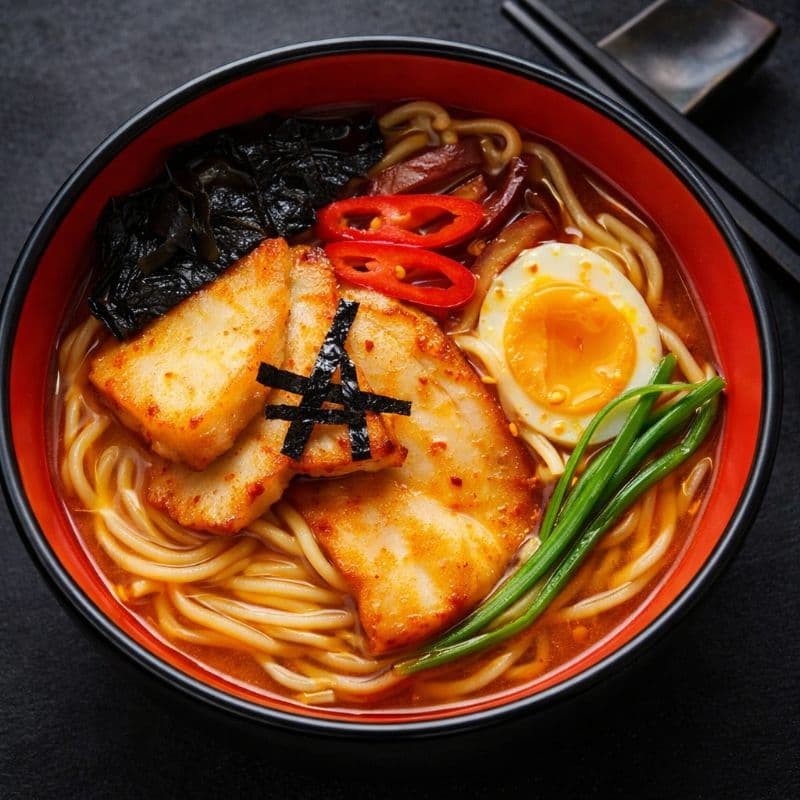RAMEN TORI KARA (SPICY) — Ramen with rich chicken broth combined with japanese-style spicy seasoning