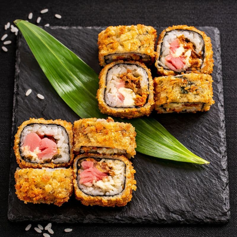 Tempura Kawaii Iga Maki — A roll with tuna, mussels, cream cheese, fried in crispy tempura