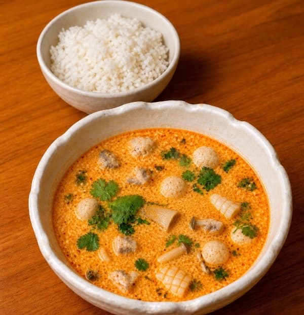 Tom Yum Chicken — Classic Tom Yum soup with chicken breast, mushrooms, tomatoes, cilantro, and fragrant spices. Bold,