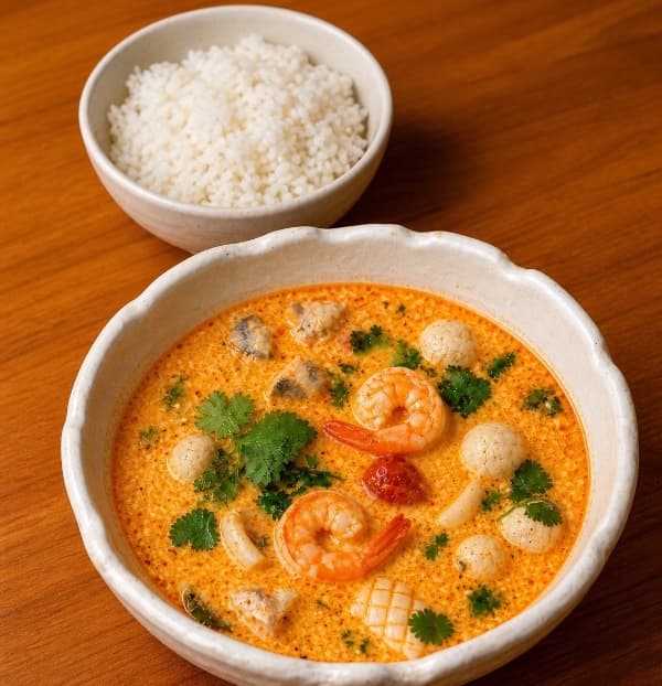 Tom Yum Seafood —
A rich Tom Yum soup with shrimp, squid, local fish, mushrooms, tomatoes, and fresh cilantro. Creamy
