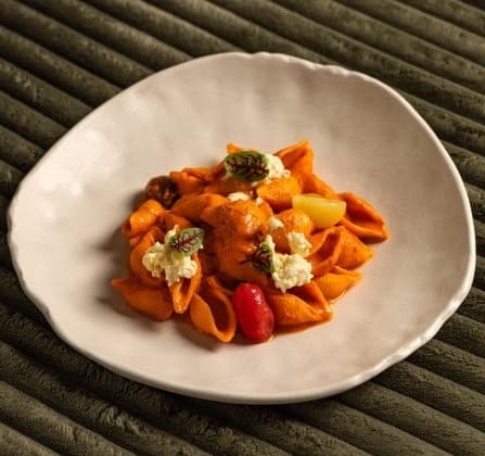 Tomato-ricotta rigatte — Rigatte pasta tossed in creamy tomato-ricotta sauce and finished with delicate stracciatella cheese.