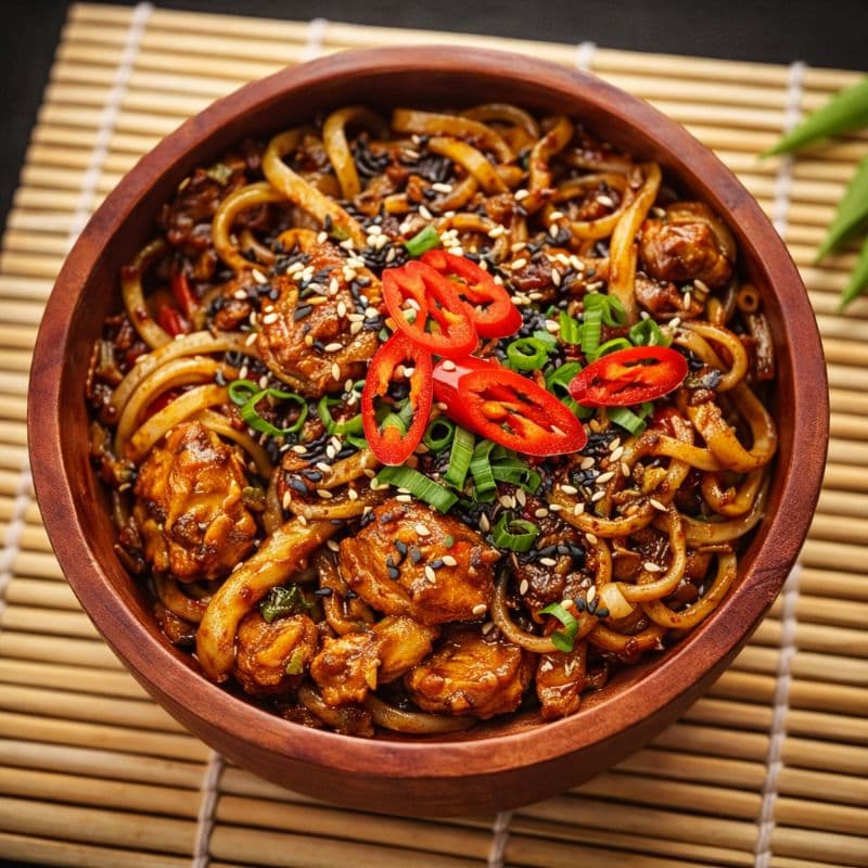 Udon/Soba SeaFood — Stir-fried noodles with shrimps, mushroom, and a rich Tom Yum sauce blended with creamy coconut milk