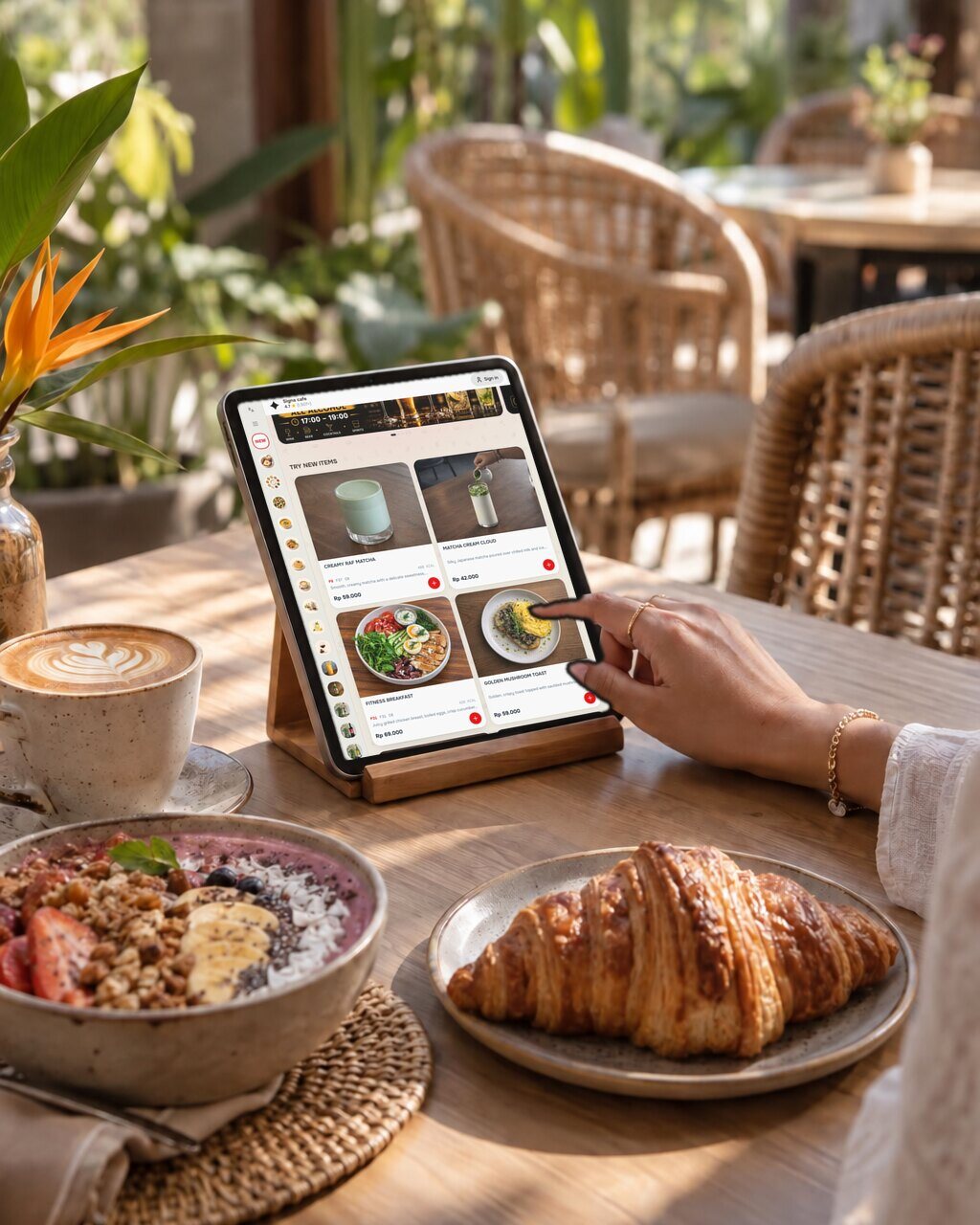 A tablet on a cafe table at breakfast, a guest about to tap it