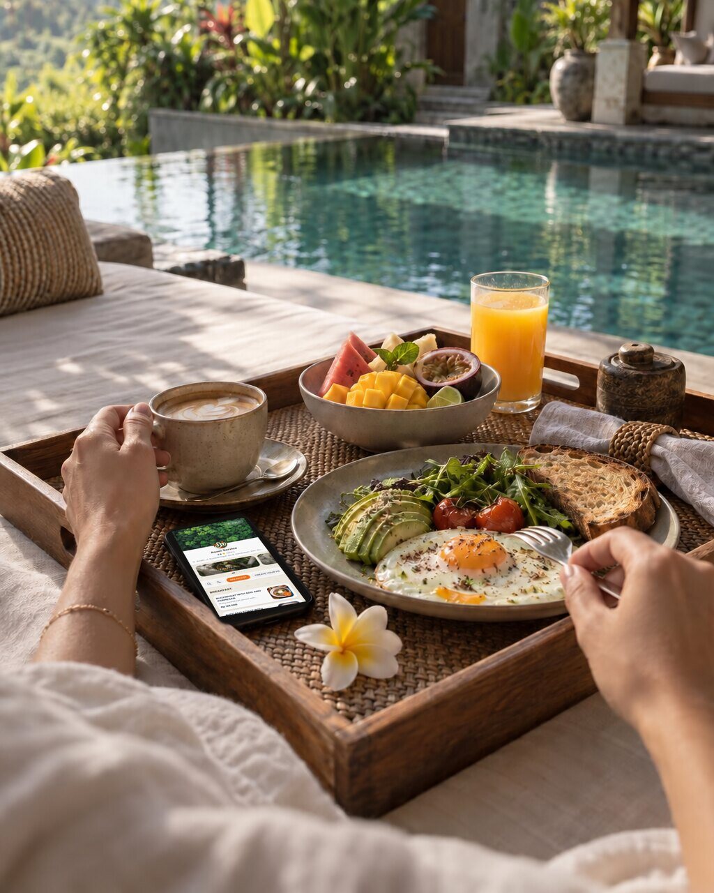 A breakfast tray with a phone on a daybed by a villa pool